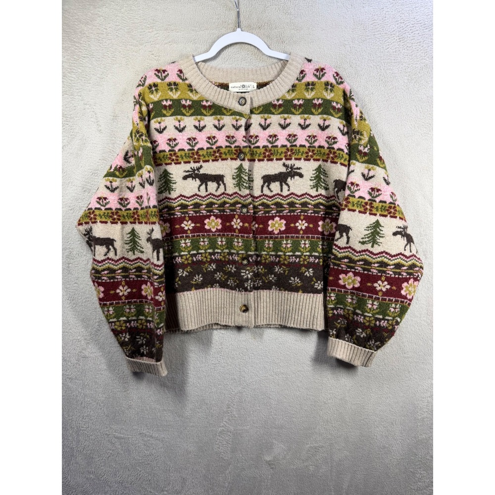Natural Life Cardigan Sweater Womens L Multi Fair Isle Moose Floral Cabincore